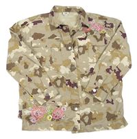 Béžovo-army plátěná oversize košilová bunda s kytičkami a korálky zn. RIVER ISLAND