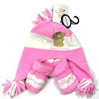 Outlet - 2set - Růžovo-smetanová fleecová čepička+rukavičky s medvídkem