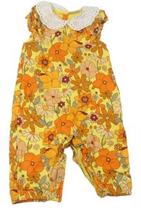 Žluto-oranžový květovaný plátěný kalhotový overal s límečkem zn. Next