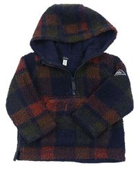 Tmavomodro-cihlovo-khaki kostkovaná huňatá podšitá bunda s kapucí zn. joules