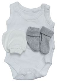 3set- Bílé body + Šedé ponožky + Krémové novorozenecké rukavice zn. M&S