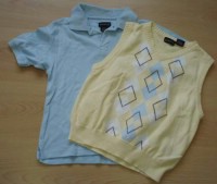 Set - Modré tričko s límečkem + žlutá károvaná vesta zn. George