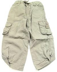 Khaki lněné rolovací kalhoty s kapsami 