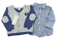 2set- Šedo-modrý propínací svetr + Modro-bílá pruhovaná košile zn. F&F