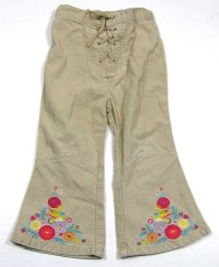 Béžové manžestrové kalhoty s kytičkami a šněrováním zn. Mothercare