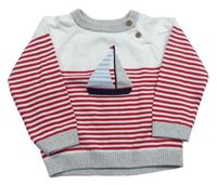 Bílo-červeno-šedý pruhovaný svetr s lodičkou zn. little Nutmeg