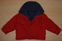 Červeno-tmavomodrá zimní manžestrová bundička s kapucí zn. Mothercare