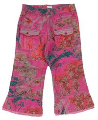 Tmavorůžové sametovo/manšestrové kalhoty s kytičkami zn. Cakewalk