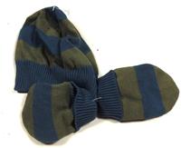 Set - Khaki-modrá pruhovaná čepička + rukavičky
