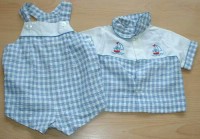 Set - Modro-bílá kostkovaná krepová košile s medvídky + laclové kraťásky