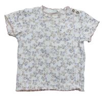 Bílo-růžové žebrované tričko s kytičkami zn. Topolino