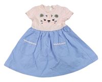 Modro-světlerůžové plátěno/bavlněné šaty s čumáčkem s flitry zn. so cute