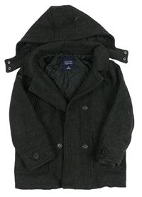Černo-tmavošedý vzorovaný vlněný zateplený kabát s odepínací kapucí zn. mayoral