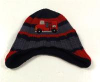 Tmavomodro-šedo-červená pruhovaná čepice s autem zn. George;vel. 1-2 let  