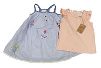 2Set - Modro-bílé pruhované letní s kytičkami a ptáčky + broskvové tričko s volánky zn. Debenhams
