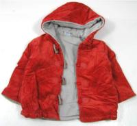Červený sametový zateplený kabátek s kapucí 