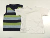 Set - Tmavomodro-zeleno-světlemodrá pruhovaná svetrová vesta + bílé tričko zn. TU