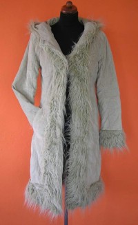 Dámský béžový manžestrákový kabát s kapucí s kožíškovým lemováním vel. 38