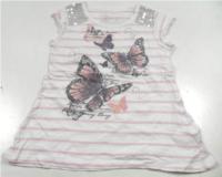 Bílo-růžové pruhované tričko s motýlky a flitry 