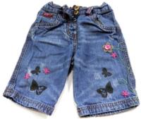 Modré riflové 3/4 kalhoty s motýlky s kytičkami zn. Mini mode