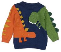 Tmavomodro-oranžovo-zelený svetr s dinosaury zn. Nutmeg
