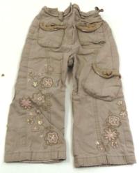 Béžové plátěné oteplené kalhoty s kytičkamí zn. Cherokee