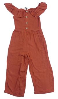 Oranžový lehký žabičkový kalhotový overal s volánem zn. Primark