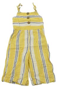 Žluto-modro-bílý pruhovaný lněný kalhotový overal zn. F&F