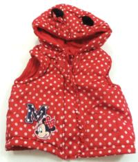 Červená šusťáková zateplená vesta s Minnie a puntíky a kapucí zn. George + Disney