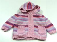 Růžovo-fialovo-barevný pruhovaný pletený propínací svetřík s kapucí zn. Next 