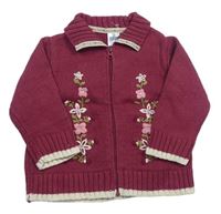 Tmavorůžový propínací svetr s kytičkami zn. Zara 