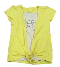 Bílo-žluté tričko s nápisy a kytičkami a uzlem zn. Topolino