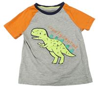 Šedo-oranžovo-tmavomodré melírované tričko s 3D dinosaurem zn. George