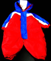 Červeno- modrá šusťáková zimní kombinézka s kapucí