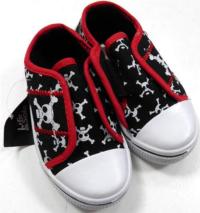 Outlet - Černo-červené plátěné boty s lebkami vel. 26