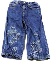 Modré riflové kalhoty s kytičkami 