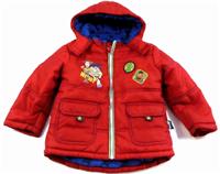 Červená šusťáková zimní bundička s Toy story a kapucí 