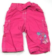Růžové plátěné oteplené kalhoty s kytičkami a motýlky a kapsami