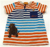 Oranžovo-béžovo-tmavomodro-azurové pruhované tričko s obrázkem zn. TU