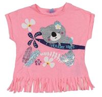 Neonově růžové tričko s medvědem a třásněmi zn. Kiki&Koko