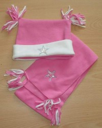 Set - Růžovo-bílá fleecová čepička s hvězdičkou + šála