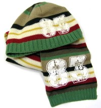 3set: béžovo-zelená pruhovaná čepice s číslem + šála + rukavice zn. M&Co