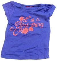Tmavofialové tričko s nápisy a kytičkami zn. girl2girl