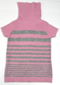Stříbrno-růžová pruhovaná pletená vesta s rolákem 
