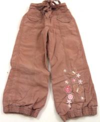 Hnědé plátěné kalhoty s kytičkami a motýlky zn. Marks&Spencer