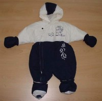 Smetanovo-tmavomodrá zimní kombinézka s kapucí, rukavičkami a botičkami zn. Mothercare