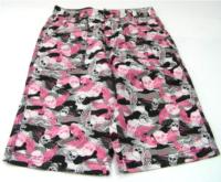 Černo-bílo-růžové plátěné kalhoty s lebkami zn. Urban 
