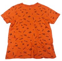Oranžové tričko s černými nápisy zn. Primark