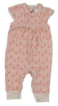Smetanovo-růžový pruhovaný kalhotový overal s plameňáky zn. Topomini