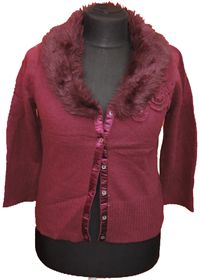 Dámský vínový vlněný propínací svetr s límcem vel. XL